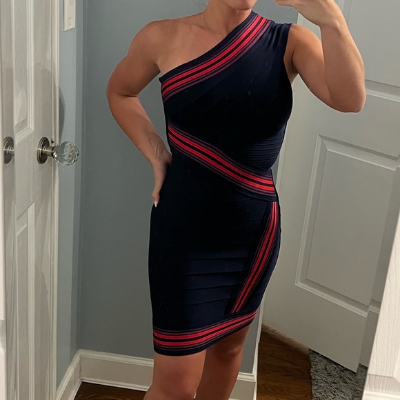One Shoulder Navy & Red Stripe Bandage Dress - Picture 1 of 7